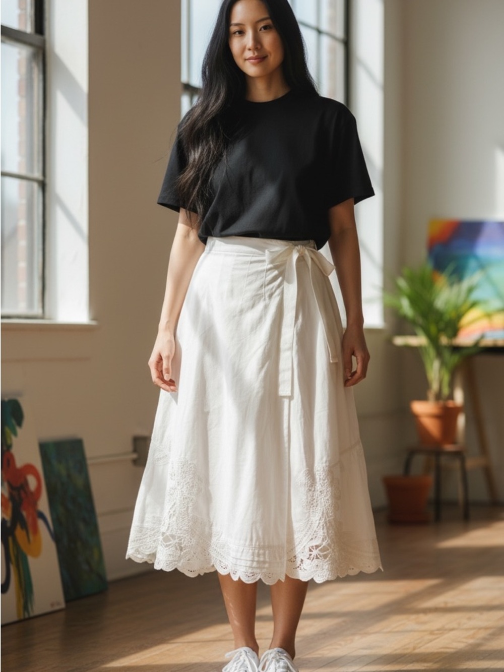 Cordelia 100% Cotton Midi Skirt with Embroidered Flowers, Off White Size 4